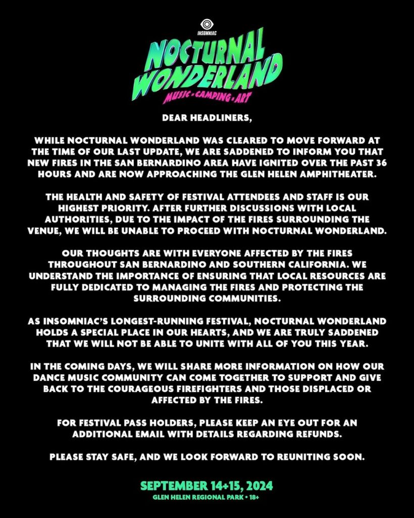 Nocturnal Wonderland Cancels Upcoming Edition Due to Wildfires