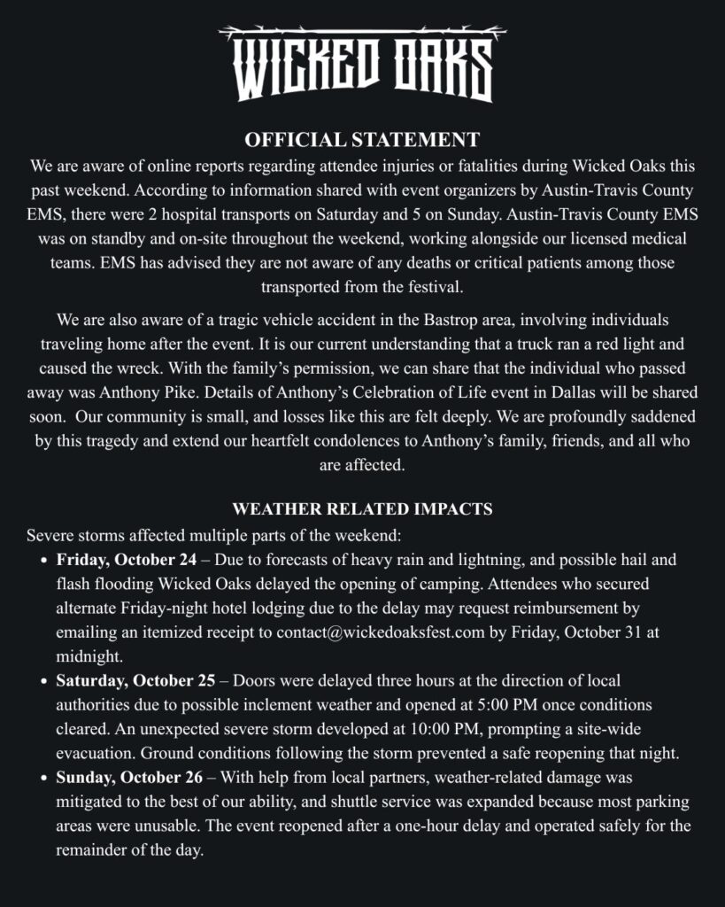 Wicked Oaks 2025 Official Statement